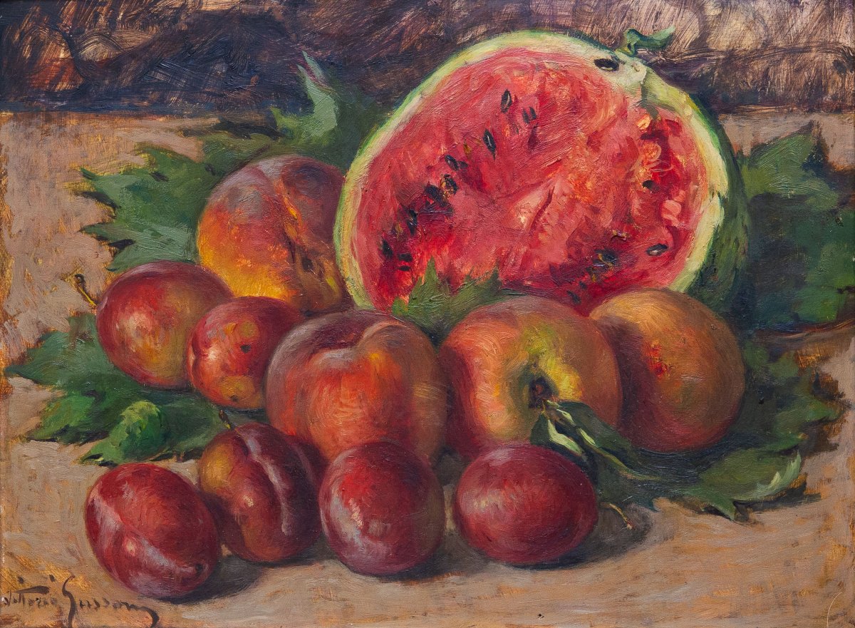 Vittorio Gussoni, "still Life With Fruit," Oil On Wood, Signed, 20th Century-photo-3