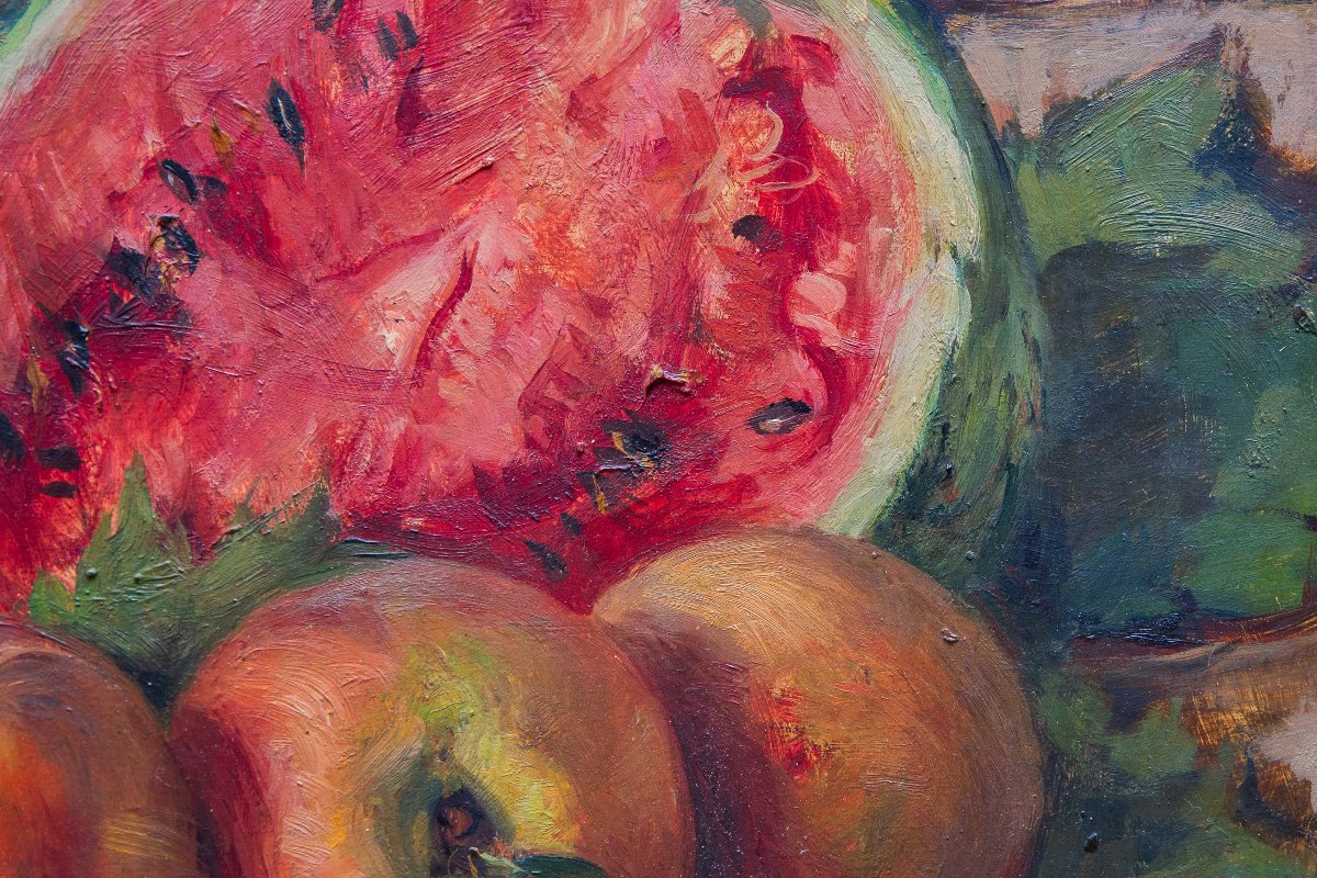 Vittorio Gussoni, "still Life With Fruit," Oil On Wood, Signed, 20th Century-photo-1