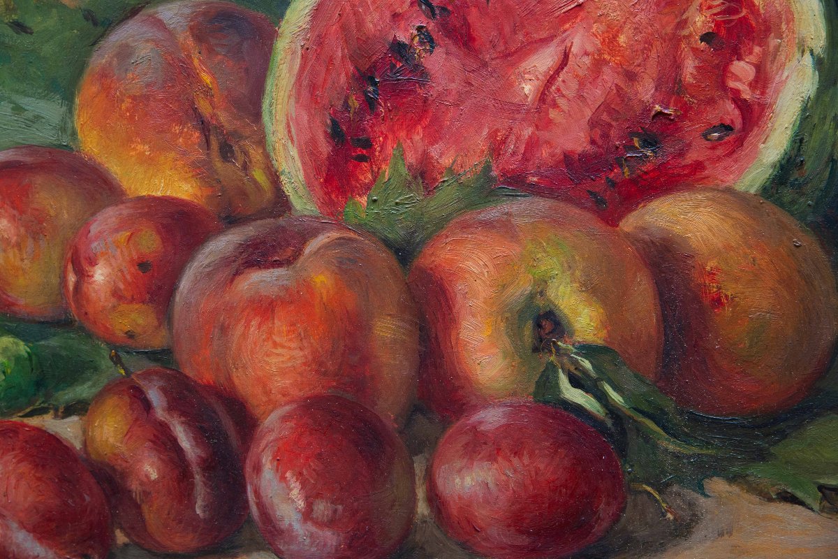 Vittorio Gussoni, "still Life With Fruit," Oil On Wood, Signed, 20th Century-photo-2