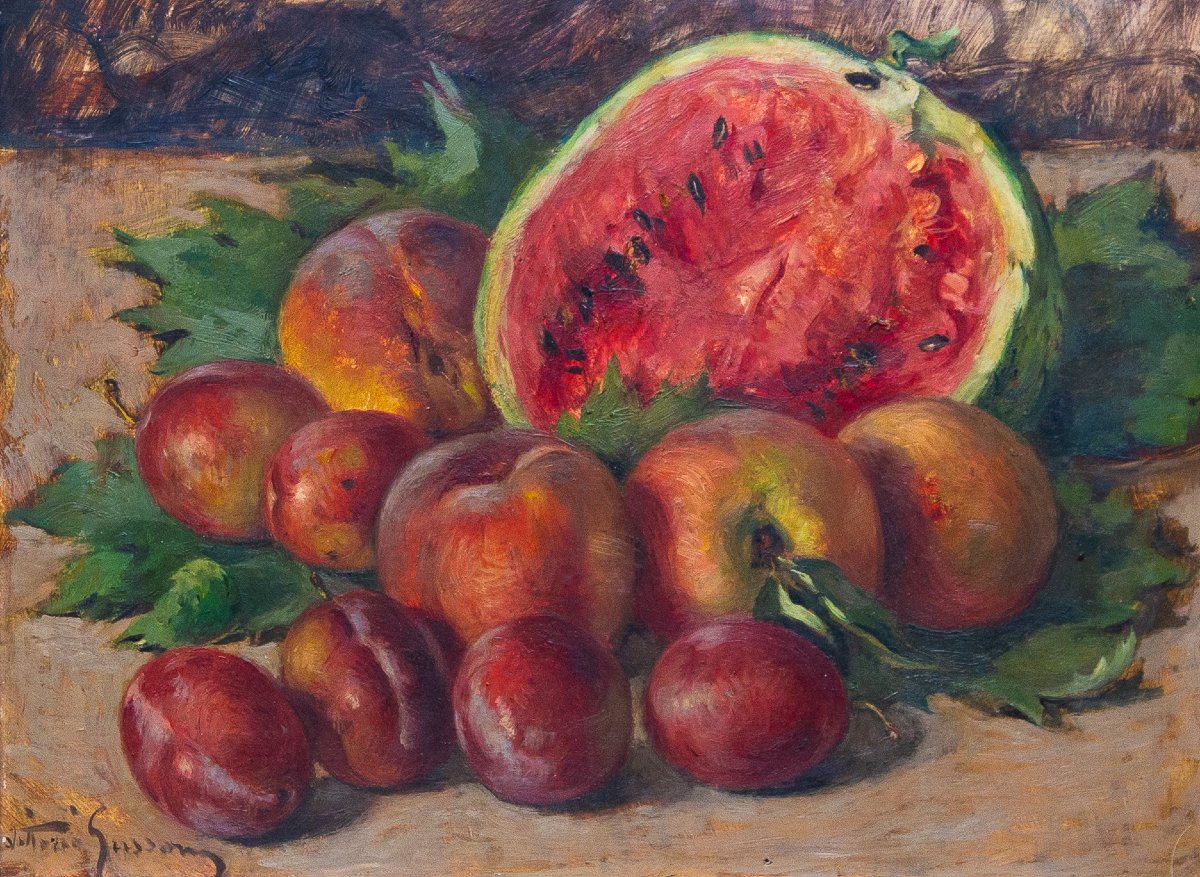 Vittorio Gussoni, "still Life With Fruit," Oil On Wood, Signed, 20th Century