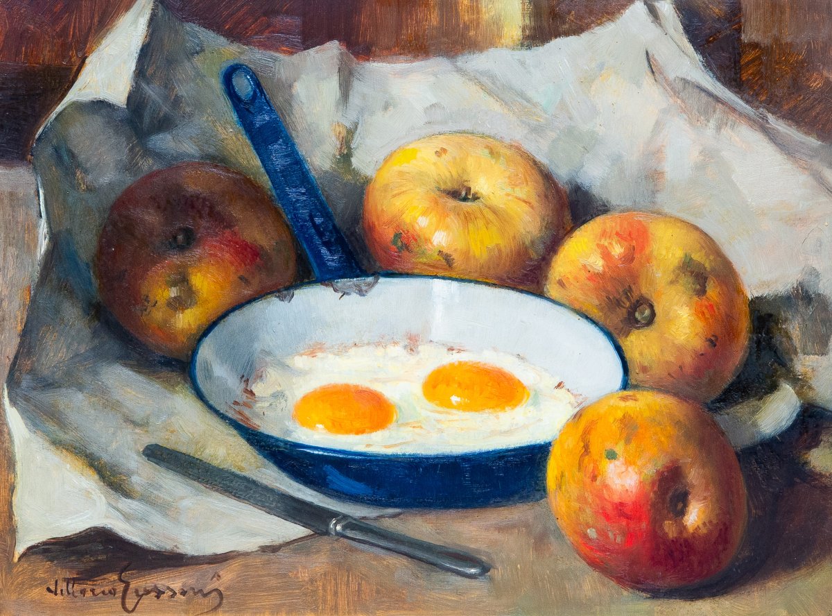 Vittorio Gussoni, « Nature morte », huile sur bois, signée, XXe siècle
