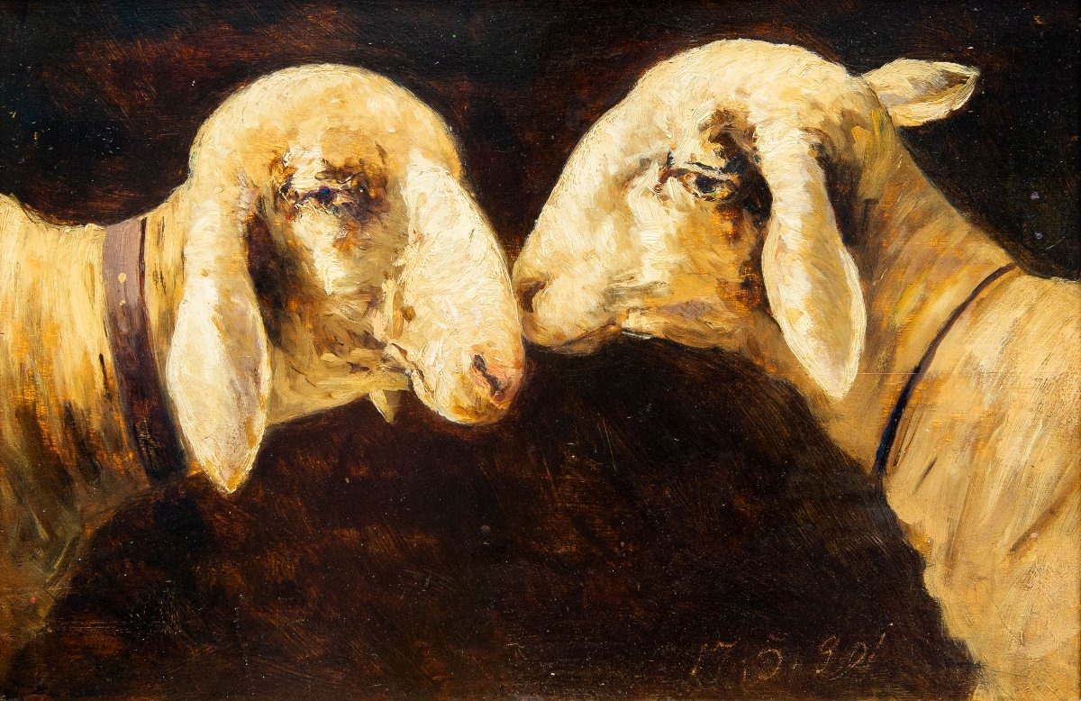 Lorenzo Delleani, "sheep," Oil On Panel, May 17, 1901