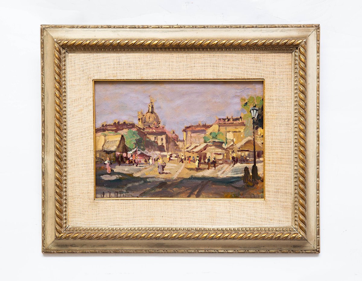 Carlo Follini, "turin Market," Oil On Cardboard, July 19, 1917-photo-2