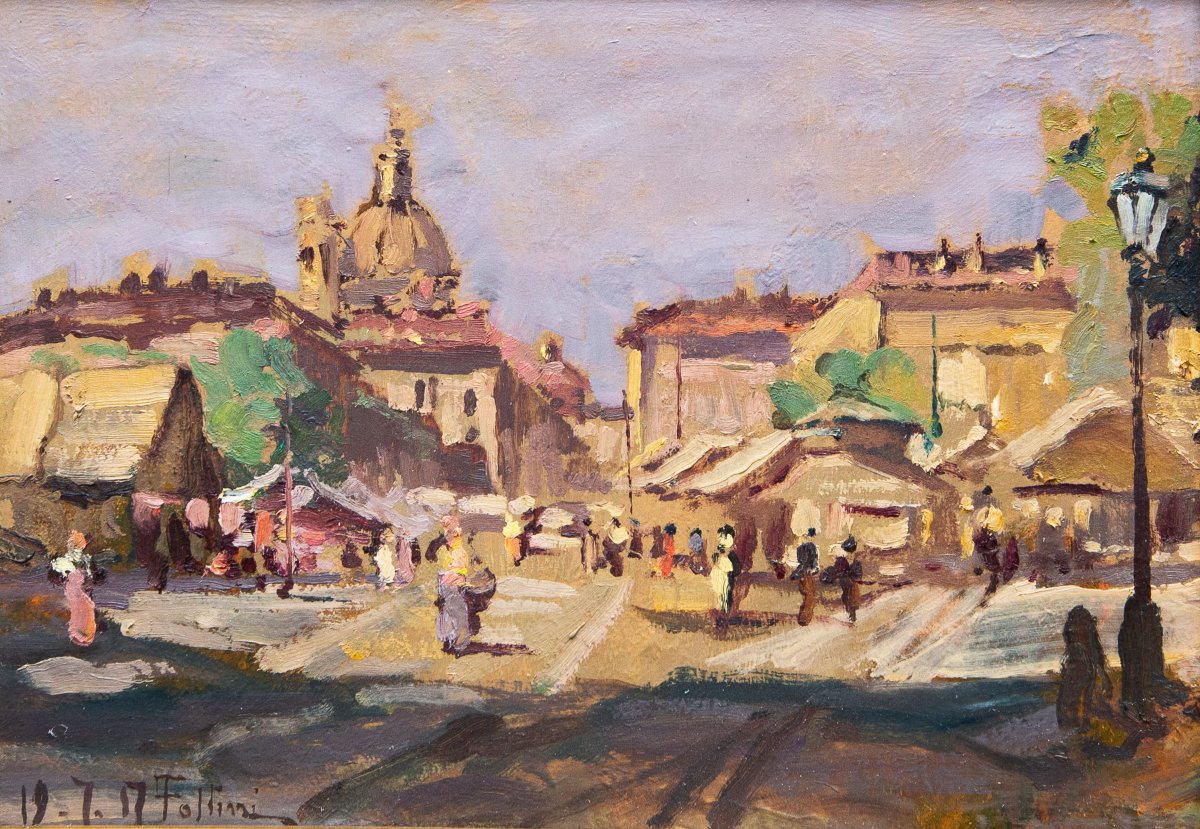Carlo Follini, "turin Market," Oil On Cardboard, July 19, 1917