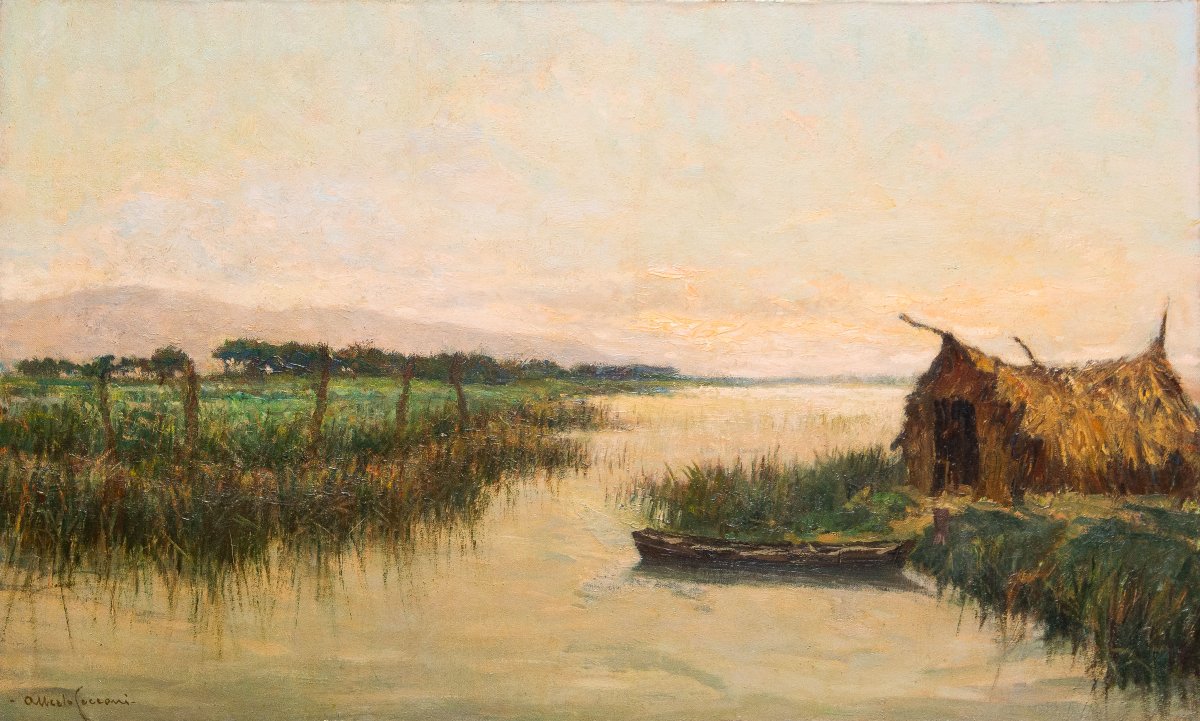 Alberto Cecconi, "river Landscape," Oil On Canvas, 1940s