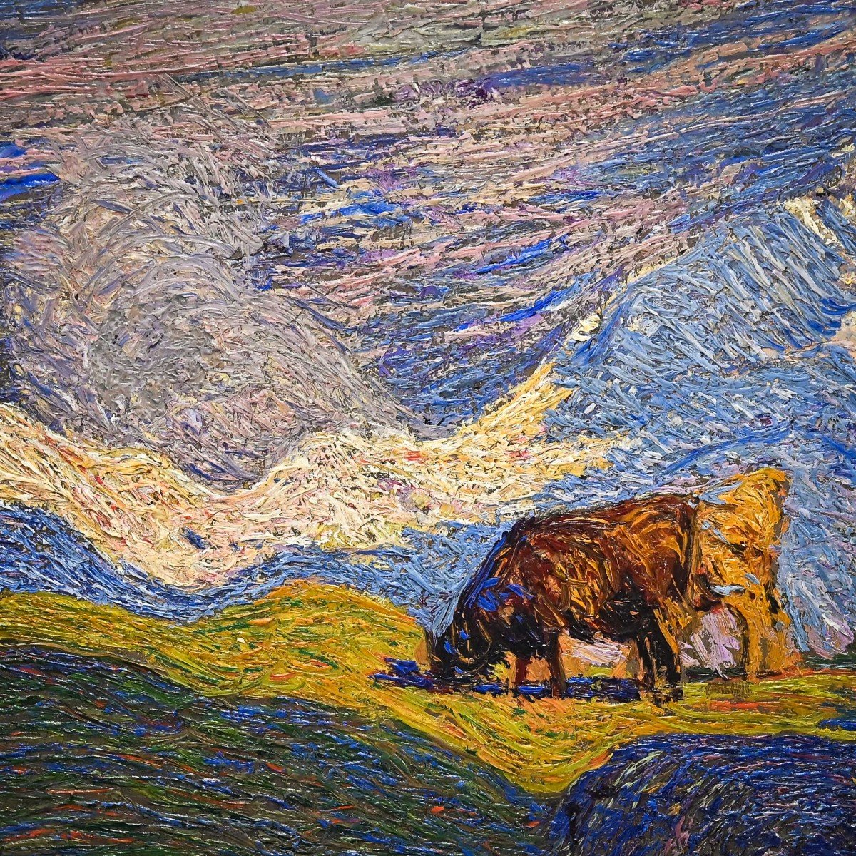  "Pâturage en haute montagne" Huile sur toile par C. Maggi-photo-3