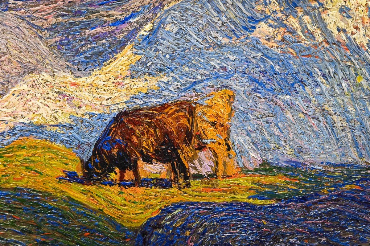  "Pâturage en haute montagne" Huile sur toile par C. Maggi-photo-4