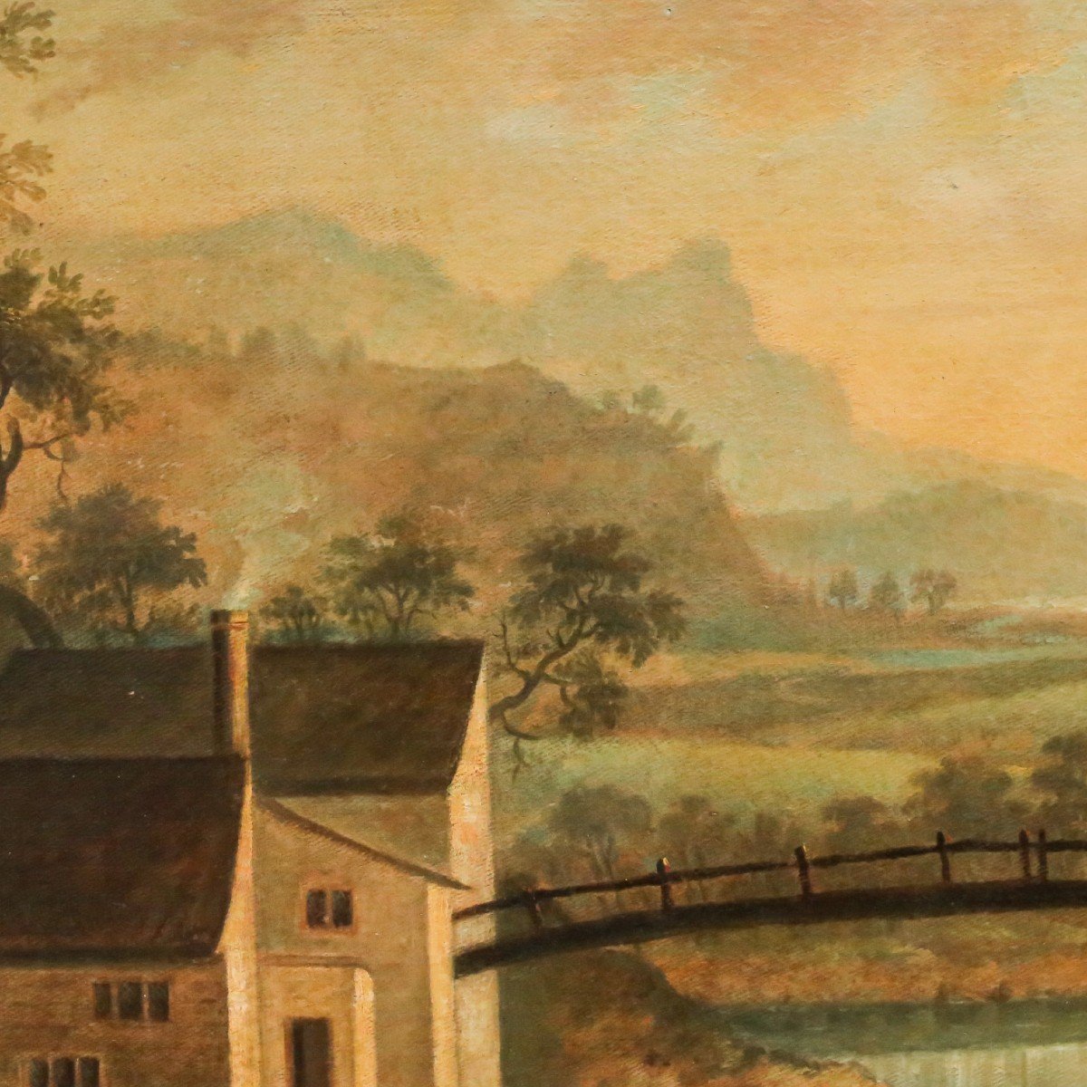 Grande peinture, huile sur toile, "Paysage de rivière avec personnages et animaux", 19ème s.-photo-1