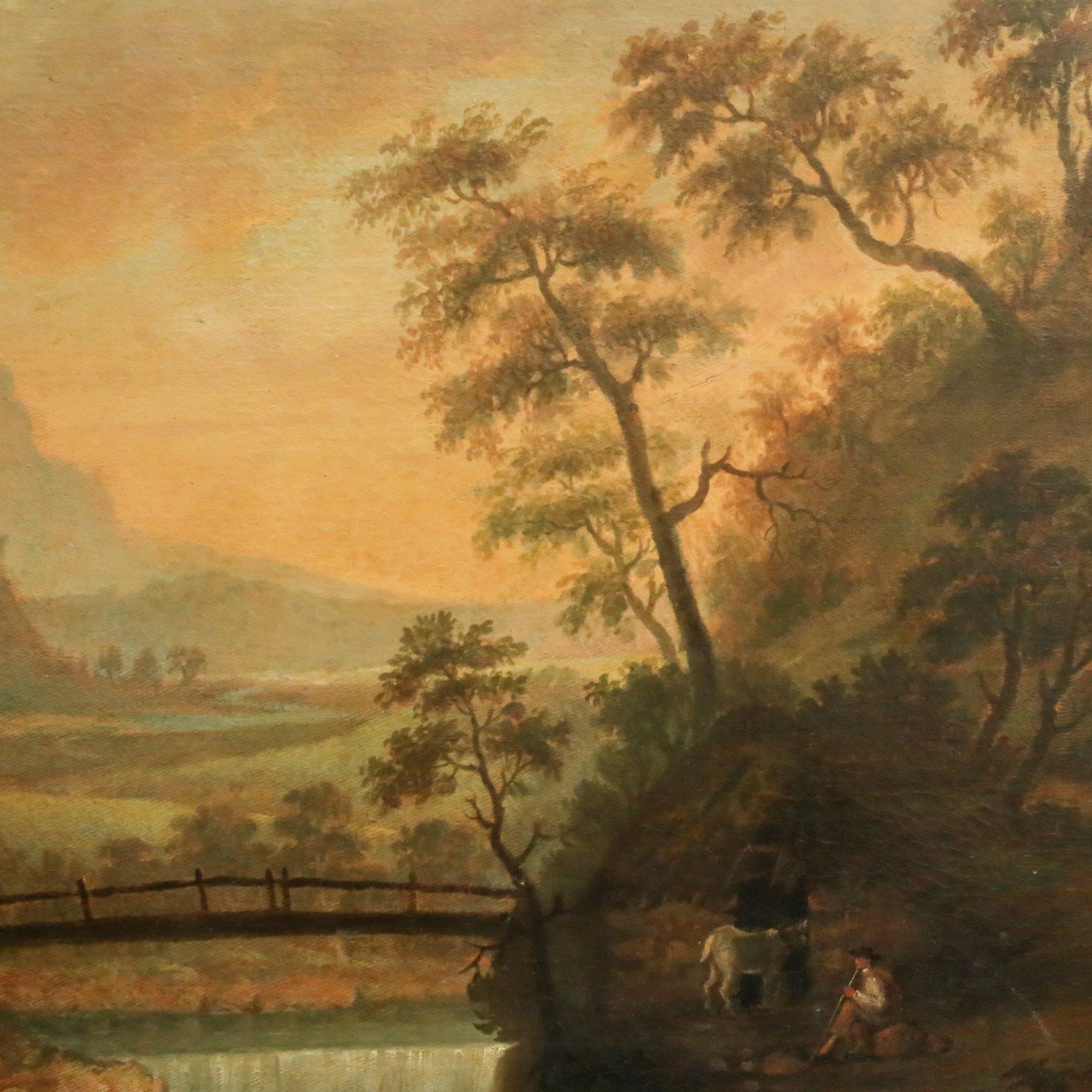 Grande peinture, huile sur toile, "Paysage de rivière avec personnages et animaux", 19ème s.-photo-2