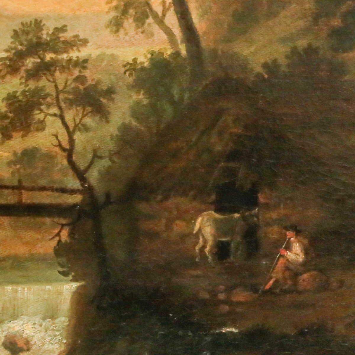 Grande peinture, huile sur toile, "Paysage de rivière avec personnages et animaux", 19ème s.-photo-3