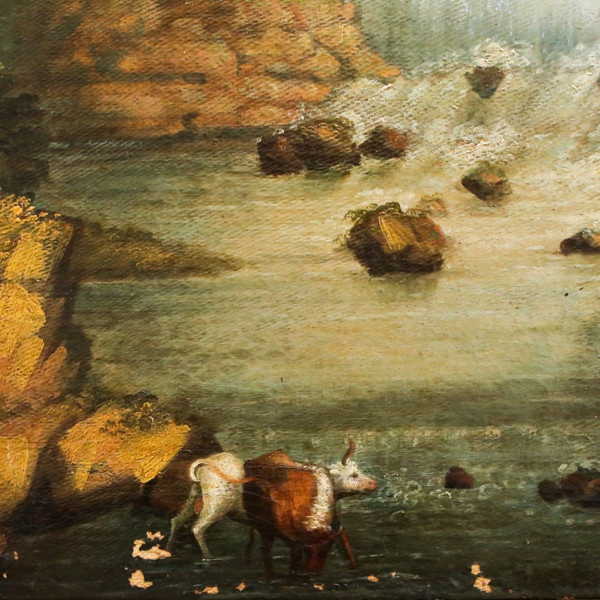 Grande peinture, huile sur toile, "Paysage de rivière avec personnages et animaux", 19ème s.-photo-4