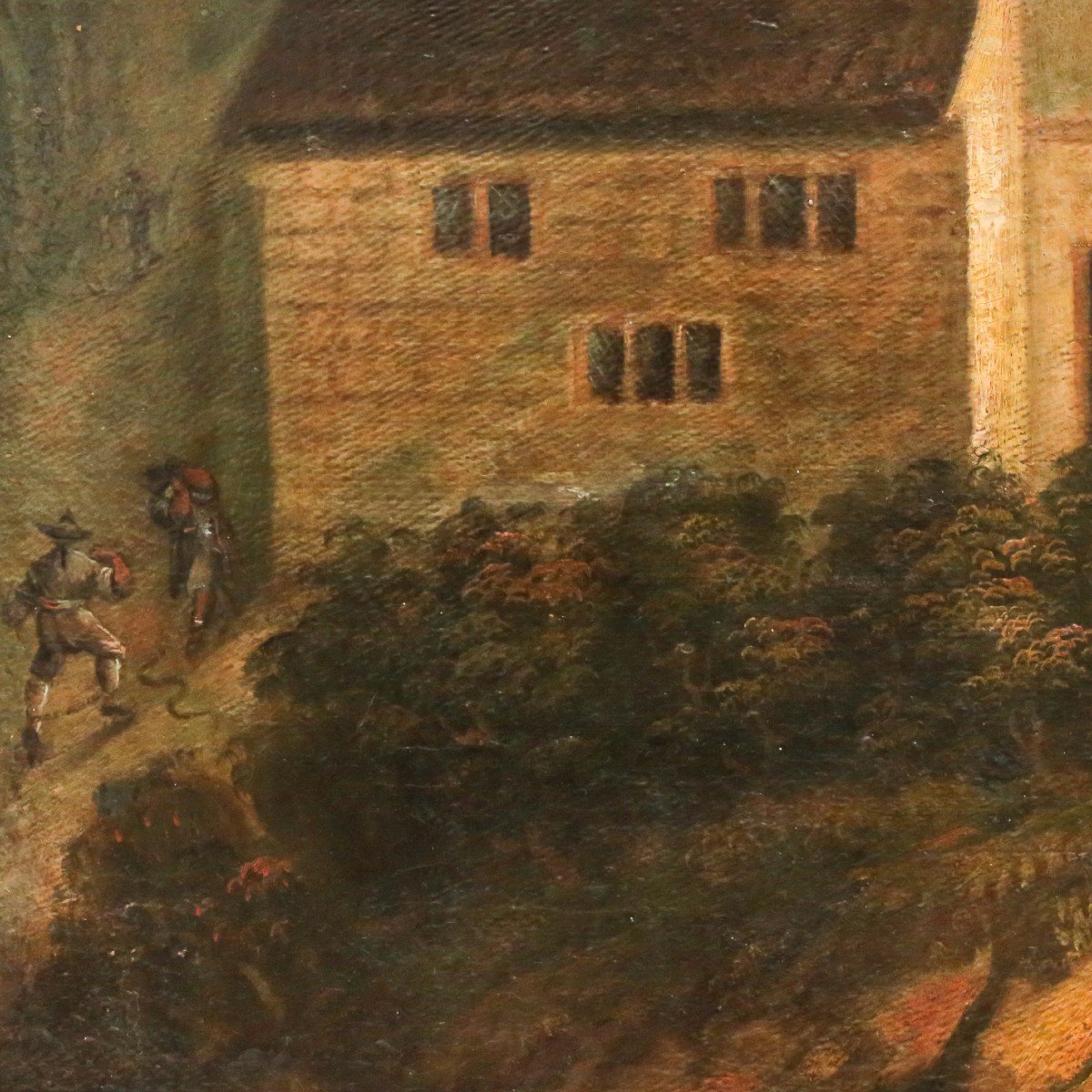 Grande peinture, huile sur toile, "Paysage de rivière avec personnages et animaux", 19ème s.-photo-5