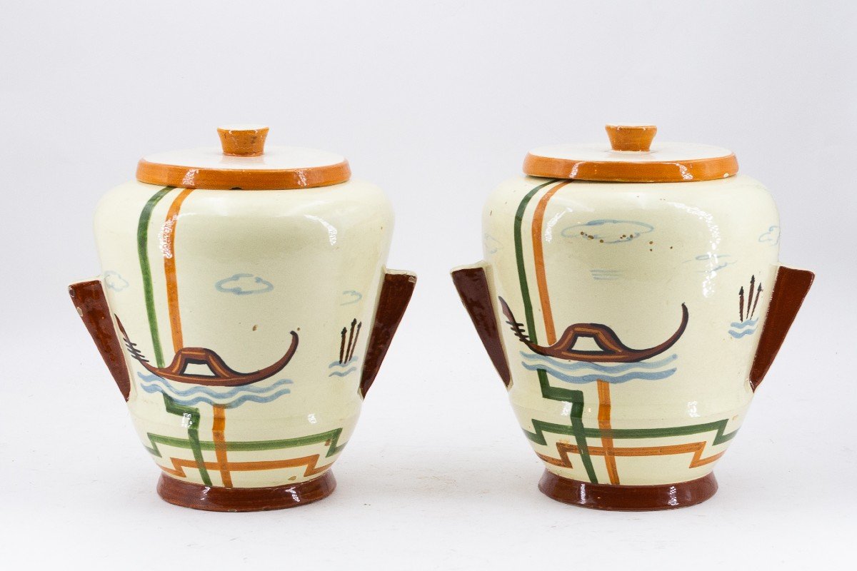 Pair Of Vases, Art Deco, Faenza Ceramics, "venice", 1930s