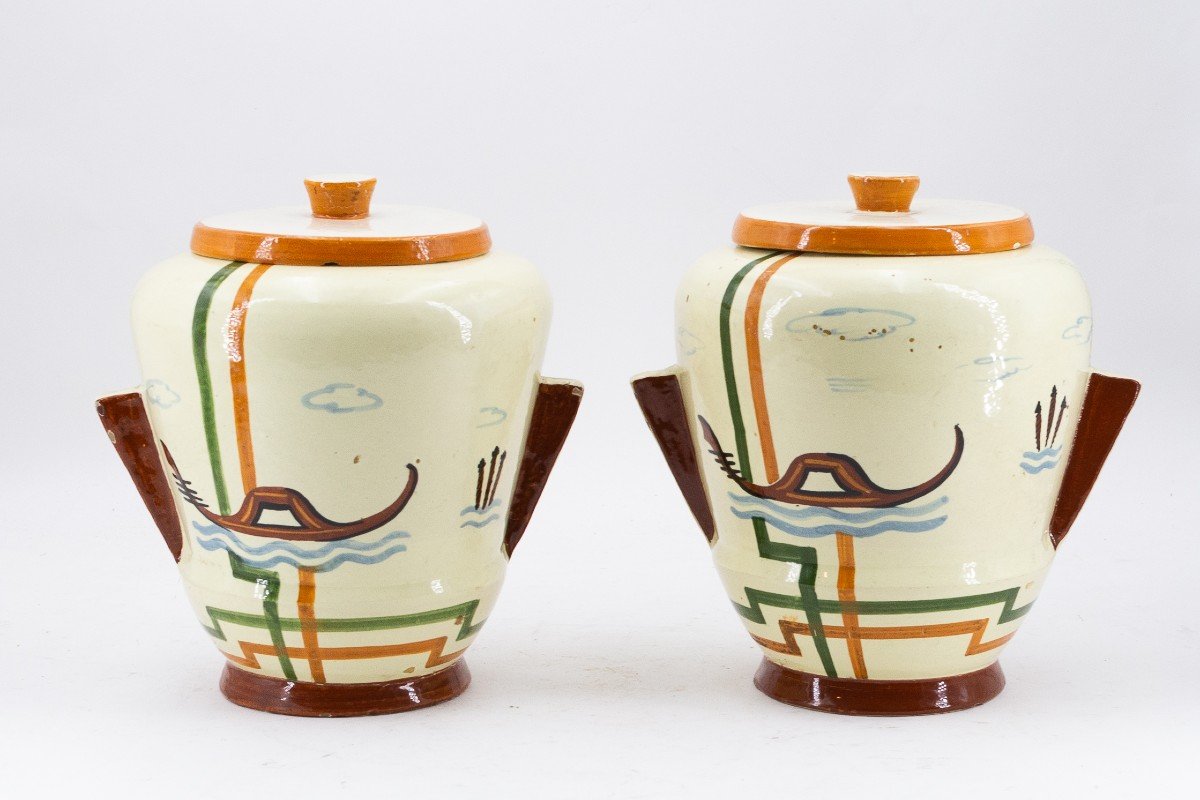 Paire de vases, Art déco, Céramique de Faenza, "Venise", années 1930