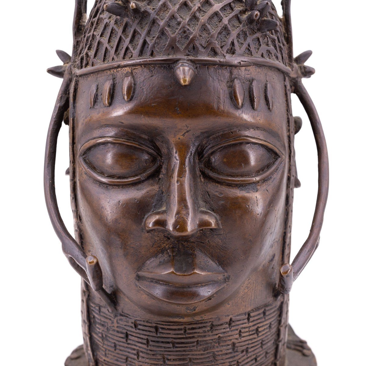 African Bronze Sculpture, "man's Head With Headdress", Period Mid-20th Century-photo-2
