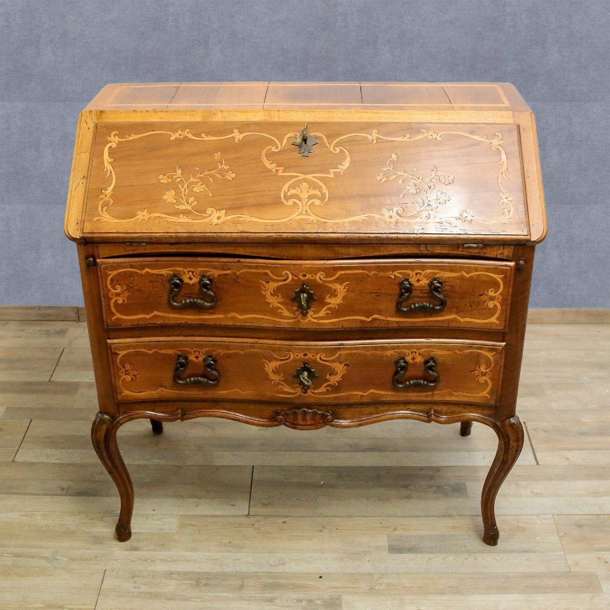 Small Secretary In Inlaid Walnut, Transition Period, 19th Century-photo-2