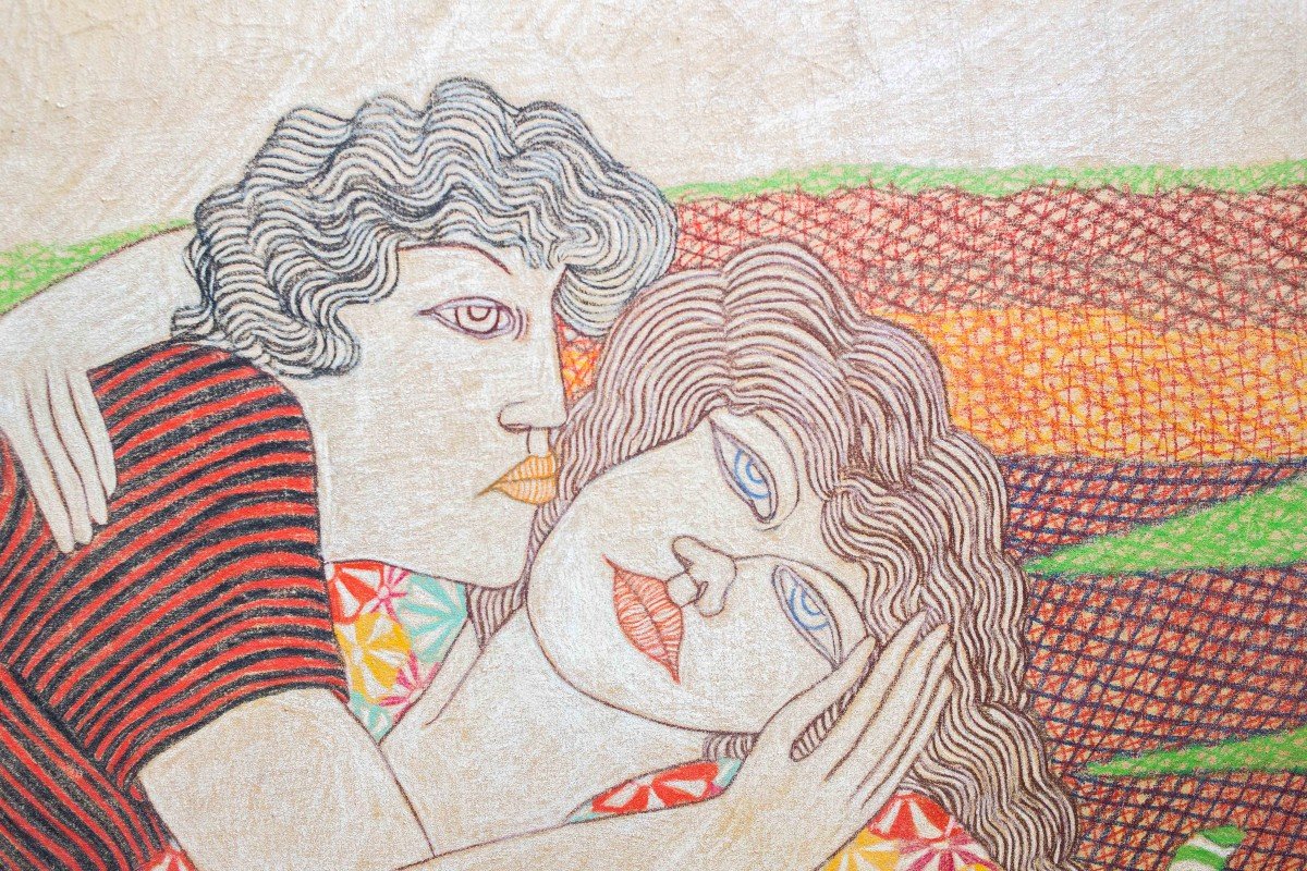 Painting By Rocco Menzella, "the Kiss", 1984, Mixed Media On Paper, Signed-photo-4