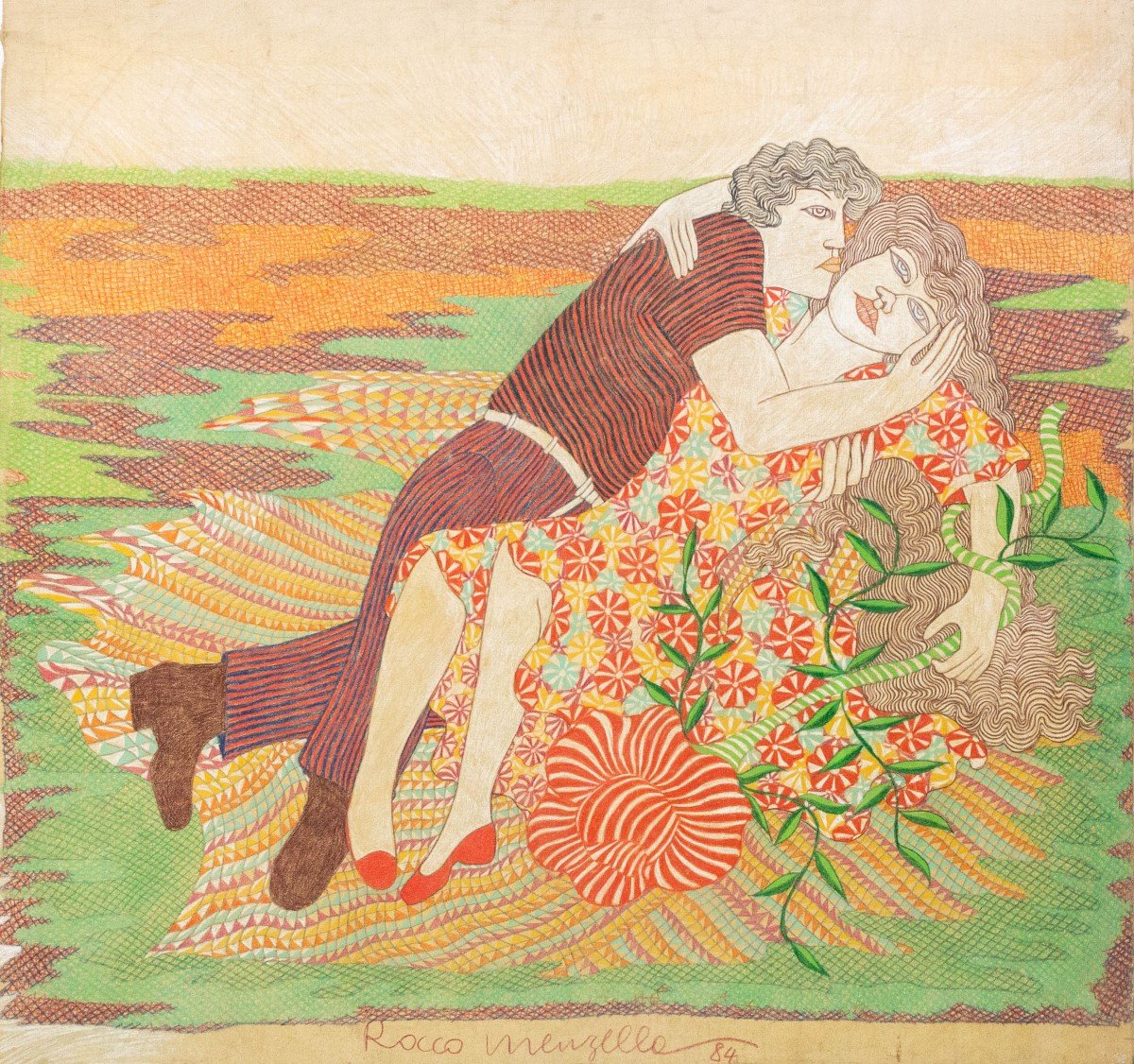 Painting By Rocco Menzella, "the Kiss", 1984, Mixed Media On Paper, Signed