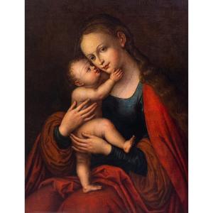 Oil Painting On Canvas, "madonna And Child," 19th Century Period