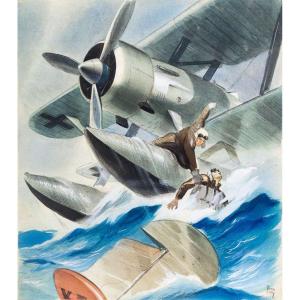 Mixed Media On Paper, By Luciano Bonacini, "the Rescue," Signed, 1930s/'40s