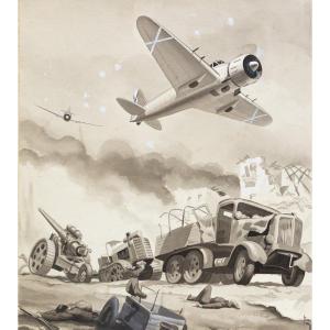 Watercolor On Paper, By Luciano Bonacini, "i Bombardamenti," Signed, 1930s/'40s