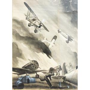 Technique mixte sur papier, par Luciano Bonacini, "Le bombardement", signé, années 1930/40