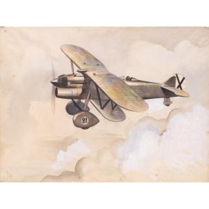 Technique mixte sur papier, de Luciano Bonacini, "Avion de chasse monoplace", signé, '30