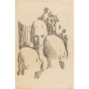 Charcoal Drawing On Paper, "three Sisters," By Felice Casorati, Signed, 1946
