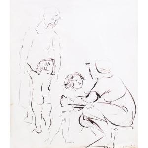 Ink Drawing On Paper, "the Family," By Giacomo Manzù, Signed, 1961