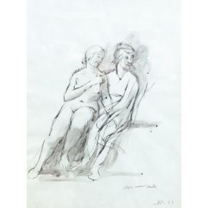 Encre aquarellée sur papier, "Etude pour les deux sœurs", par Giacomo Manzù, signé, 1943