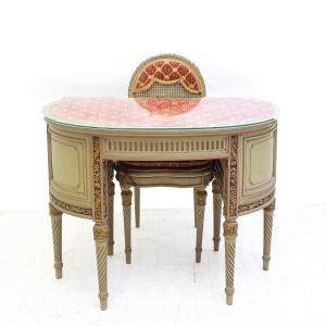 Louis XVI Style Dressing Table With Chair, Carved And Decorated Wood, Early 20th Century