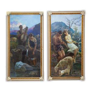 Paire de grands tableaux, huile sur toile, de Gino Piccioni, "Au printemps", "Idylle", 1930