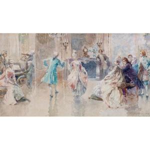 Aquarelle sur papier de G. Battista Carpanetto, "Danze Settecentesche", 1909, signée