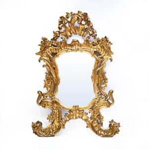Miroir Ancien En Bois Doré Louis XV, époque 19ème Siècle