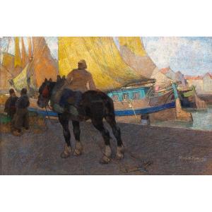 Pastel Sur Papier, Par A. Matteoda Rossotti "bateaux Sur Le Canal", Signé, Fin Du 19e Siècle