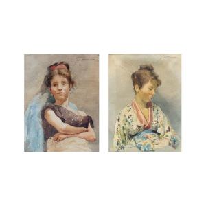 Paire d'aquarelles sur papier, "Portraits de figures féminines", signées, fin du 19e siècle