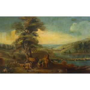 Bucolic River Landscape With Wayfarers, 18th Century Era