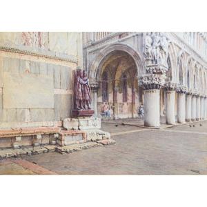 Giuseppe Cherubini, "piazza S. Marco Venice," Watercolor On Paper, Signed, 1950s