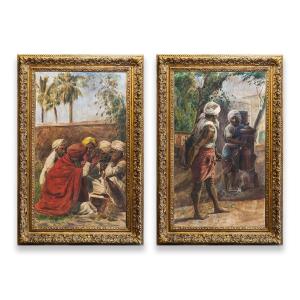Pair Of Large Watercolors On Paper, By Eusebio Scribante, "orientalist Scenes," 1800s Era