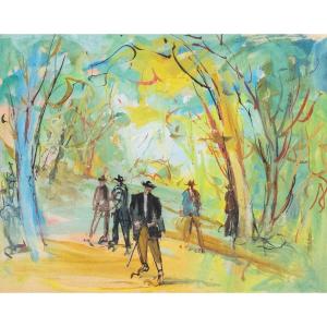 Tempera Sur Carton, Par Luigi Spazzapan, "promenade Dans Le Parc", Première Moitié Du XXe 