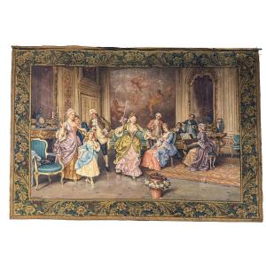 Large Tapestry By Giotto Lamponi "court Scene," Late 1800s Early 1900s