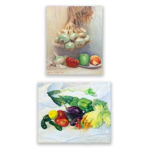 Pair Of Paintings By Dino Uberti, Oil On Plywood And Canvas, "nature Morte," Signed, Epoch '900