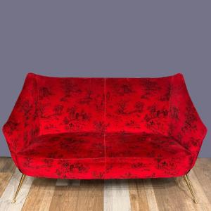 1950s Design Sofa In Red Velvet And Brass Legs