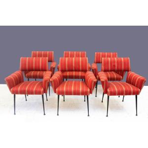 Set Of Six Designer Armchairs With Original Red Upholstery, 1950s 
