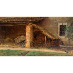 Giovanni Giani, "old Farmhouse," Oil On Panel, Early 20th Century Period