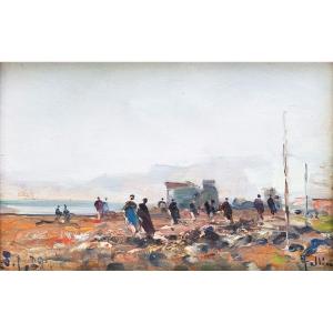 Carlo Follini "beach Of Bordighera," Oil On Panel, Signed And Dated, 1929