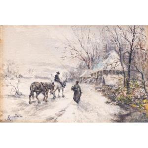 Oscar Ricciardi, "first Snowfall," Watercolor On Cardboard, Signed, Epoch Late 1800s Early 1900