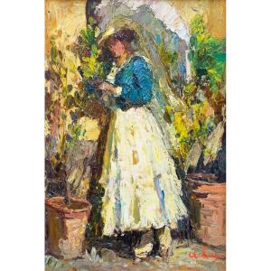 Alessandro Lupo, Oil On Panel Painting, "girl In The Garden," Signed, Early 20th Century