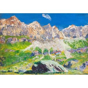 Cesare Maggi, Oil On Panel, "mountain Landscape," Signed, Early 20th Century Period