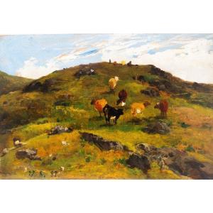 Lorenzo Delleani, "alpine Pasture," Oil On Panel, 1882